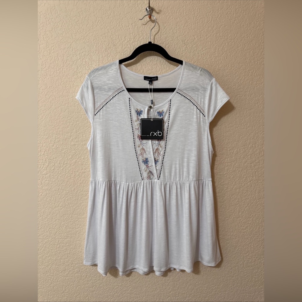 NWT‎ RXB Top Blouse Embroidered Knit Tunic White Sz L Coastal Lightweight Boho